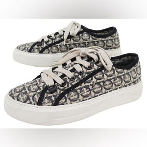 Salvatore Ferragamo Wimbledon Gancini Print Beige Nero Sneakers Shoes Tr…